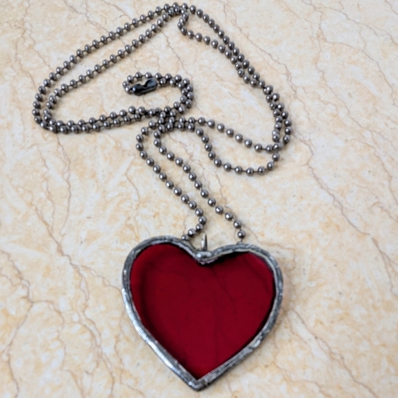 Vintage Jewelry - Stained Glass Heart Handmade Cherry Red Silver Tone Necklace Sun Catcher